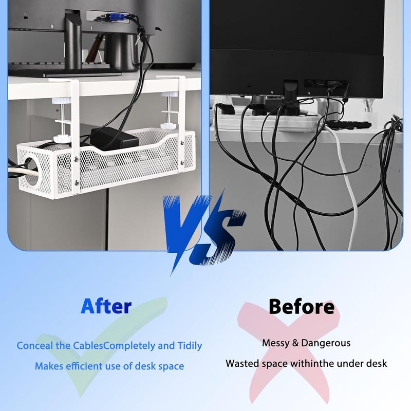 QUELIEN Under Desk Cable Management Tray Small – Clamp-Mounted Wire Organizer & Cord Management Under Desk Holder, No-Drill Metal Cable Tray for Home Office (White) - Image 5